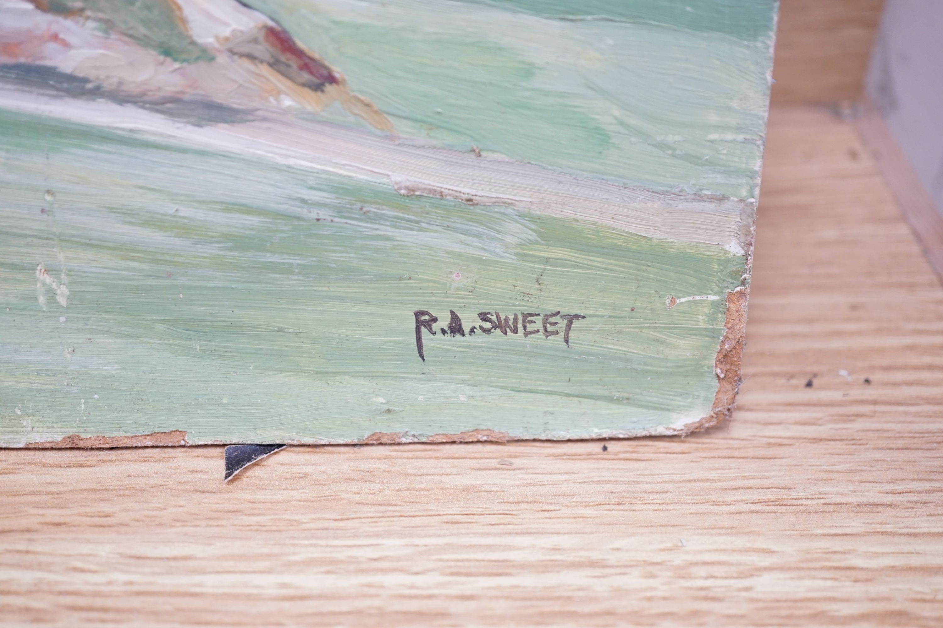 R. A. Sweet, oil on board, Castle Ruins, signed, 44 x 62cm, unframed